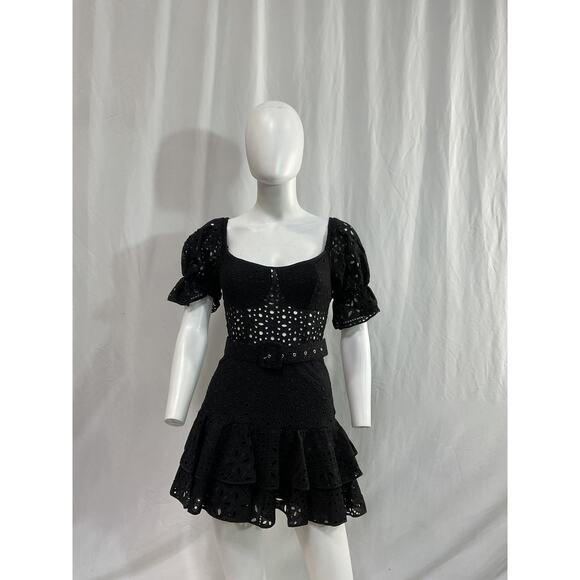 Charo Ruiz Denim Jean Off-The-Shoulder Black Belted Broderie Anglaise - Picture 2 of 5